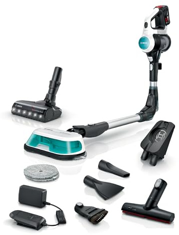 Bosch Akku-Staubsauger Unlimited 7 ProHygienic Aqua BKS71HYG1, kabellos, 2in1 Saugen & Wischen, Knickrohr, HEPA-Filtersystem, 10 J. Motorgarantie, Wechselakku, Schnellladegerät, Made in Germany, weiß