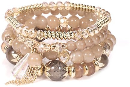 APMGONT Boho Kristall Perlen Armband, 4 Stück Boho Quaste Armbänder für Damen, Natürliches Kristall Heilsteine Armband, Statement Armreifen für Weihnachten, Valentinstag, Geburtstag (Helles Curry)