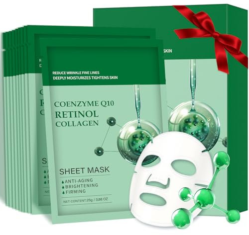 Pack of 10 Collagen Mask Face Masks Skincare, Coenzyme Q10 Retinol Collagen Facial Masks Skincare, Hydrating Face Beauty Care Masks for Deep Moisturizing
