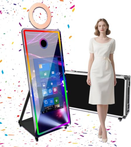 Tragbarer Spiegel-Fotokabine, magischer Spiegel, Selfie-Photoautomaten-Ständer, Maschine, Touchscreen mit Ringlicht und Trolley-Flugtasche für Partys (Schwarz, 165,1 cm (32 Zoll) Bildschirm))