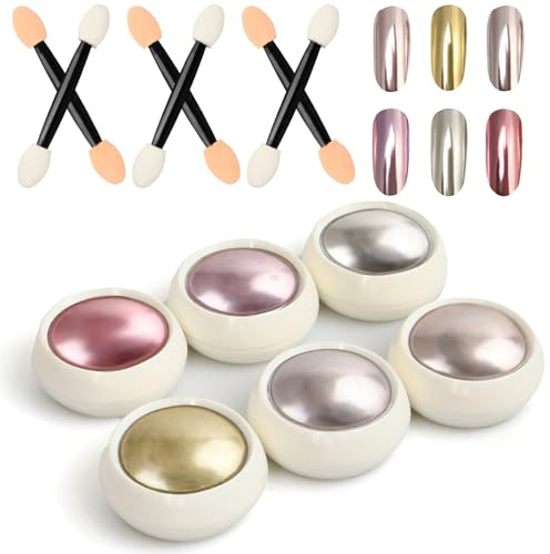 6 Stück Nail Art Chrome Puder, Chrome Nagelpuder mit 6 Applikatorstifte, Maniküre Glitter Pulver, Nail Art Glitzerpuder, Metallic Nail Art Pulver, Nagel Spiegel Puder, Holographische Nagel Pulver (A)