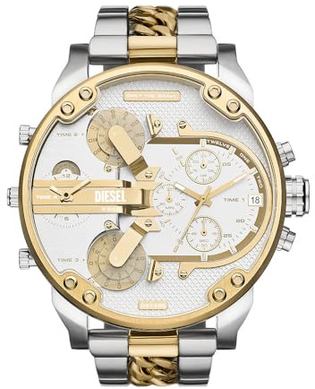 Diesel Mr. Daddy Reloj para Hombre, Movimiento multifunción de Cuarzo con Correa de Acero Inoxidable, 57 mm, Tono Plateado y Blanco Roto