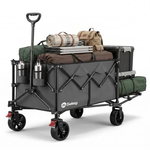 Sekey Festival Trolley with Expandable Tailgate - 350-500L, 440LB Heavy Duty Folding Camping Wagon, Brake, All-Terrain Wheels, Patented 4-Way Folding & One-Click Adjustable Handle, Beach Cart - Grey