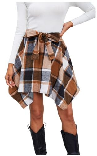 MakeMeChic Women's Plaid Flannel Mini Skirt Bow Tie Front Elastic High Waisted Asymmetrical Fall Winter Skirts Brown a Medium
