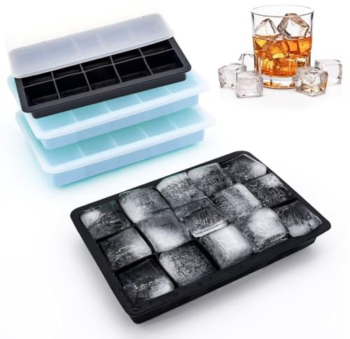 3 Packs Silicone Ice Cube Tray with Lid, 15 Square Ice Cube Molds, Easy to Remove, Suitable for Water, Whiskey, Cocktails, Cold Drinks, Etc