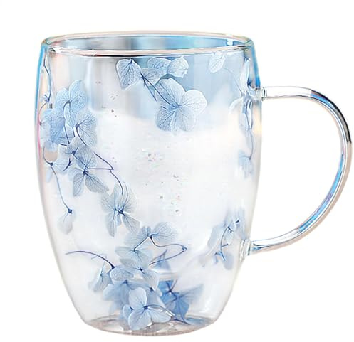 Duroecsain Tazas de café de vidrio de doble pared con flores secas, 350 ml tazas de café de vidrio aislado con asa, tazas de café transparentes para capuchino, espresso, café con leche, té, gafas