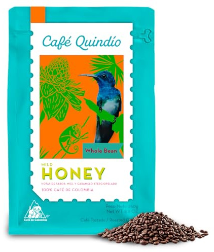 Café Quindío - Cafe De Especialidad En Grano, 100% Arábica Colombia | Tueste Medio, SCA 86.5, ideal para cafetera goteo, V60 o prensa francesa (250 g, Miel)