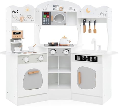 RELAX4LIFE Cucina Giocattolo per Bambini, Mini Cucina Angolare in Legno con Luci e Suoni Reali, Utensili, Set Giocattoli per Bambini 3+ Anni, 105 x 30 x 95 cm (Bianco)