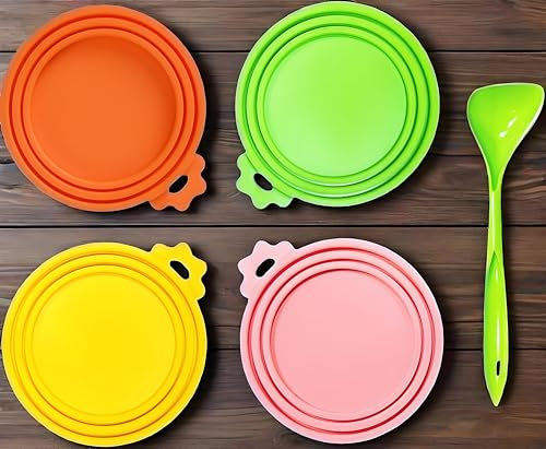 4-Pack Universal Silicone Tin Can Lids - Reusable BPA Free Tin Covers with 2 Spoons, Perfect for Dog Cat Food Storage, 1 fit 3 Standard Size Can Tops, Dishwasher Safe (Orange, Green, Pink, Yellow)