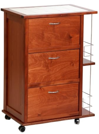 MA MAISON Carrello Mobiletto Portabottiglie con 3 Ante Salvaspazio- Ideale per la Cucina, Soggiorno, Sala da Pranzo, Ristorante - in Legno con Piano Mattonelle in Ceramica 84x59x39 cm (Ciliegio)