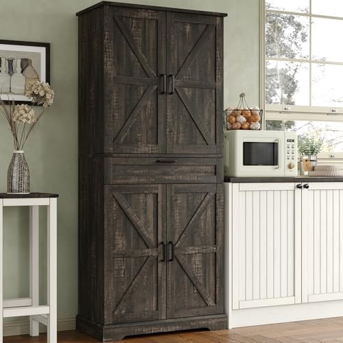 FUSOU 180cm Tall Kitchen Pantry Cupboard with 8 Door Shelves, 2 Cabinets | Kitchen Storage Cabinet with a Large Drawer, Freestanding Larder Cupboard for Kitchen, Dining Room, Bathroom, Dark Rustic Oak