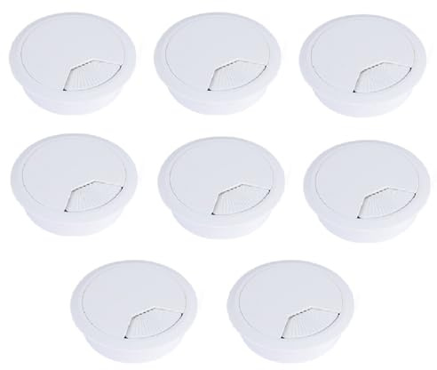 8 Pack 80mm Plastic Desk Cable Grommets, White Wire Organizer Caps, Round PC Computer Port Cable Hole Cover Plug Bushings, Perfect for Hide Data Cords in Office Desk, TV Stands, Tabletops and More