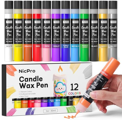 Nicpro Kerzenstifte 12 Farben X 30 ml, Wachsstifte für Kerzen, 3D Kerzenwachs Stift Inklusive Glitzer Silber Gold, Ungiftiges, Kerzenstifte zum Verzieren für Geburtstage, Ostern, Weihnachten Kerzen