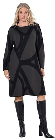 Ulla Popken Abito di Maglia con Fantasia Grafica, Scollo a Barca e Maniche Lunghe Grigio Cachi 46+ 843353120-46+