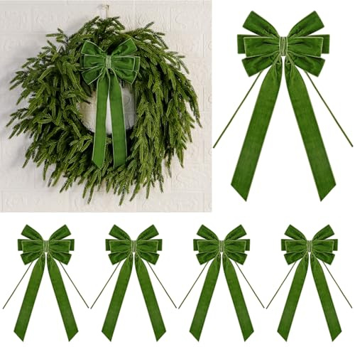 4 Pcs Christmas Velvet Bows 15 x 6.5'' Multi-Layered Vintage Ribbon Wreath Bow for Xmas Tree Decorations,Gift Wrapping, Garland, Cabinet, Fireplace, Staircase,Wedding, Home Decor (4, Moss Green)