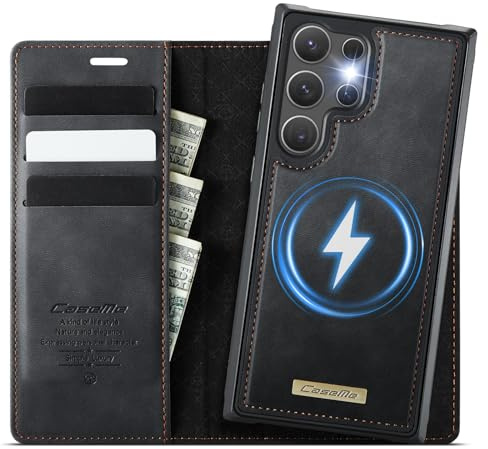 Coverilo Hülle für Samsung Galaxy S23 Ultra 5G, Abnehmbar 2-in-1 Magnetische Premium PU Leder Handyhülle Kabelloses Laden Kartenfach RFID Schutz Standfunktion Klapphülle für Galaxy S23 Ultra – Schwarz