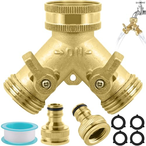 3/4 Zoll 2-Wege Messing Wasseranschluss Verteiler mit Unabhängigen Schalter, Y-Förmiger Hochfester Gartenschlauch Wasserverteiler, Waschmaschine Abfluss Wasserhahn Adapter Splitter für Küche, Rasen