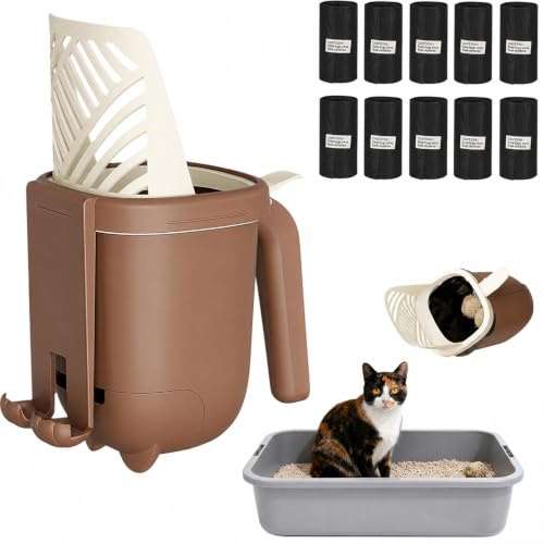 Esoes Cat Litter Scooper with Stand Cat Poop Scoop with 150 Garbage Collection Bags Large Capacity Portable Litter Scoop Easy Storage Caddy (Brown)