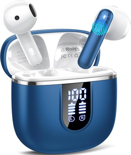 Wireless Earbuds with 6D Stereo, Bluetooth Headphones for Work, Sport Blue | Bluetooth 5.4, ENC Noise Cancelling,USB-C Fast Charging, IP7 Waterproof, Mini Ear Buds with Big Bass, Android iOS,LED Display