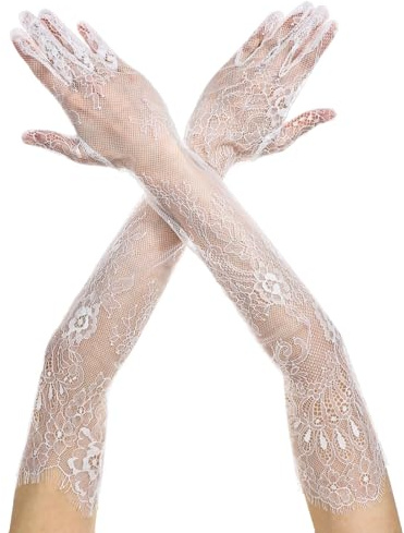 Long White Lace Gloves for Women, Women's Lace Elegant Bridal Wedding Gloves, Floral Mesh Tea Party Glove for Bridal Wedding, Stretchy Retro Floral Glove for Weddings Tea Party Opera Dance Masquerade
