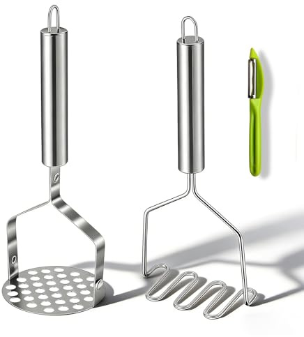 Lotnery 3Pcs Potato Masher, Mashed Potato Masher Kitchen Tool with Universal Peeler for Vegetable, Fruit, Baby Food, Avocado Firm Grip