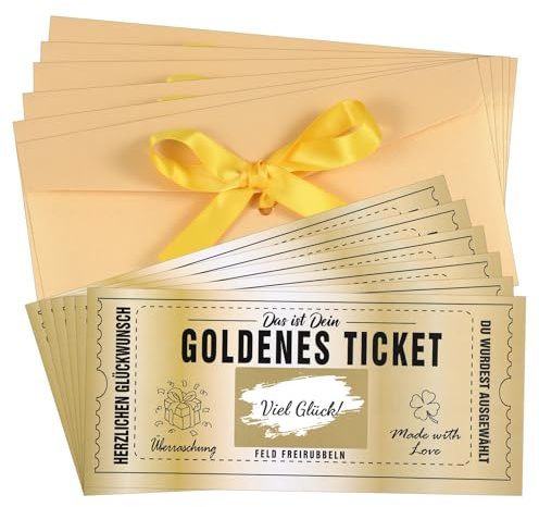 6 Stück Goldenes Ticket als Wunschgutschein, Rubbelkarten zum Selbst Beschriften, Gutschein zum Selber Ausfüllen für Kino, Reise oder Wellness, Geschenkidee mit Umschlag für Partner, Eltern und Kolleg