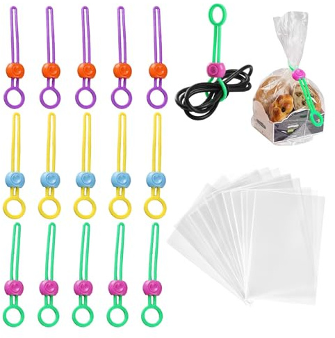 45-Piece Bag Clips for Food Storage Set, 30 Clear Cellophane Bags (15x20cm) and 15 Food Seal Ties (16cm), Reusable Food Clips for Bags, Cookies and Kitchen Organisation
