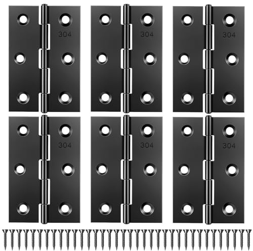 JJUNW 6 Pcs 3 Inch Black Door Hinges, Stainless Steel Folding Butt Hinge with 36 Screws, Cabinet Hinges Small Hinge Hardware for Door, Furnitures, Cabinet,Cupboard, Dressers