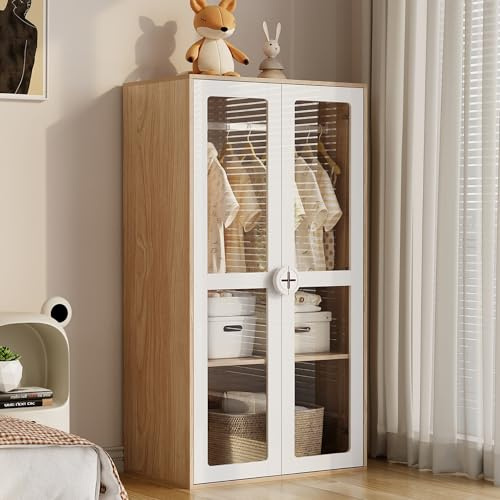kozamas Kompakt barnskåp med akryldörrar – 2 dörrar med klädstång och justerbara hyllor, 80 x 50 x 150 cm – perfekt barngarderob för små lägenheter och gästrum, släta dörrar