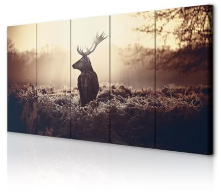 decomonkey Wandbilder Hirsch Tiere 200x80 cm 5 Teilig Leinwandbilder Sonne | Bild auf Leinwand, Kunstdruck, Wanddeko, Wohnzimmer, Wanddekoration, Landschaft, Sonnenuntergang, Natur, braun