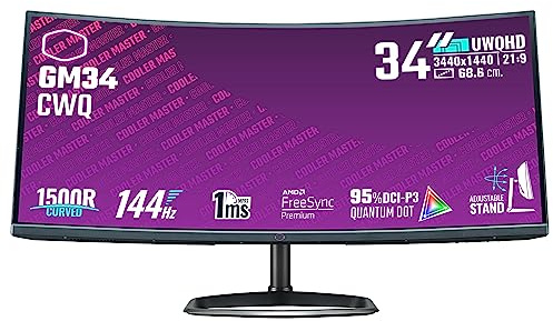 Cooler Master GM34-CW Monitor Curvo Gaming - 34 1500R UWQHD (3440x1440) 144Hz/1ms Panel VA Quantum Dot LED (Display HDR 400), AMDFreeSync 2, Altavoces, Soporte Aluminio, DP y HDMI - Enchufe EU