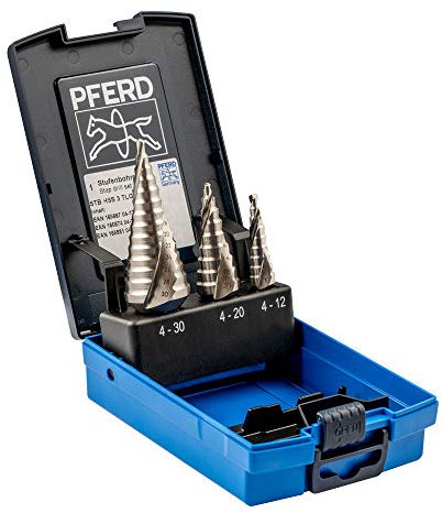 PFERD HSS Stufenbohrer-Set, 3-tlg. | 9-14 Stufen Ø 4-30 mm, 3-Flächenschaft | 25201046 – zum gratfreien Bohren