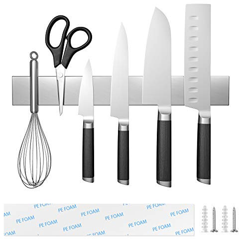 Magnetic Knife Holder, 12 Inch Stainless Steel Hanging Magnetic Knife Strip for Wall, Wall-Mounted Knife Rack/Bar Self Adhesive for Home Kitchen Utensil Holders, Kitchen Knife Organizers Easy Storage