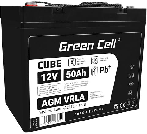 GreenCell Rechargeable Batterie AGM 12V 50Ah accumulateur au Gel Plomb Cycles sans Entretien VRLA Battery étanche Photovoltaïque Caravane Energie Solaire Batterie Voiture Fauteuil Roulant