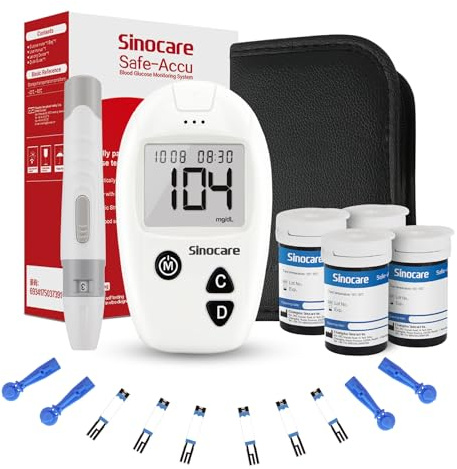 Sinocare Glucometro Misuratore Glicemia nel Sangue, Kit Test Rapido di Zucchero nel Sangue con 100 Strisce Glicemia Reattive per Glucosio - mg/dL (Safe Accu)
