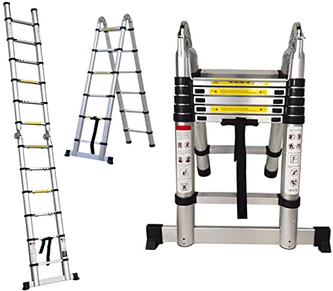 Jupitor Aluminum Telescoping Ladder, 12.5FT A-Frame & Extension, 330Lb Capacity, Silver