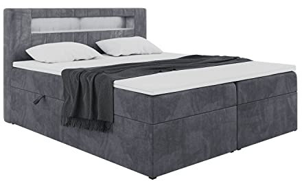 MEBLINI Boxspringbett mit Bettkasten - Bett mit LED Kopfteil - Gepolstert Doppelbett mit Matratze und Topper - Polsterbett mit Stauraum - Stauraumbett - ASPIN - 120x200 - H3/Dunkelgrau Samt