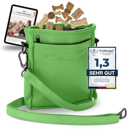 Ostfriesenpfoten® Leckerlibeutel 'Frieda' für Hunde aus hochwertigem Kunstleder - Grün Größe M - Futterbeutel mit EasyOpen Einhandmagnetverschluss - Gassitasche für Hunde-Leckerli