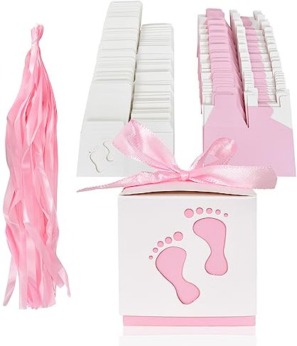 50 Stück Geschenkbox, Süßigkeit Kästen Gastgeschenk Box, Neugeborene Baby Taufe Box Mit Band Party Favor Boxen für Babydusche Kinder Geburtstag, Hochzeit, Taufe Geburt Party (Rosa)