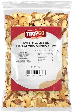 Tropgo Roasted Mixed Nuts Unsalted 500g Nut Snacks - Packed Fresh, Healthy Nuts with Fibre, Protein, and Minerals - Perfect for Snacking - Includes Almonds, Brazil Nuts, Cashews, Peanuts, & Hazelnuts