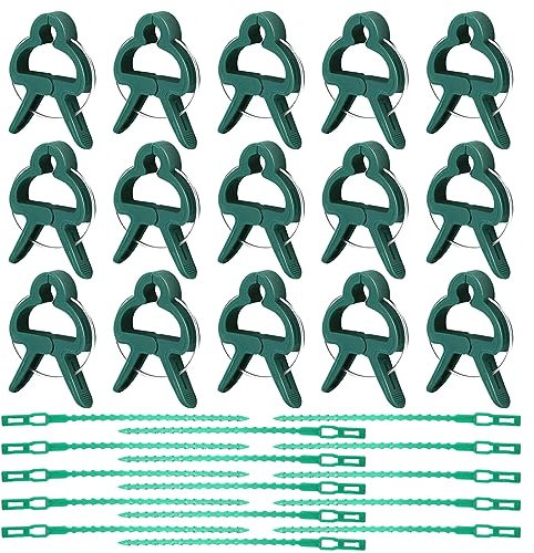 15 Pièces Clips pour Attacher Les Plantes, Clips Vert pour Plantes, Pinces à Roses, Cages D'escalade pour Tomates, Pinces à Bâche, Avec 15pcs Attache Réglable pour Plantes, Serre Câble en Plastique