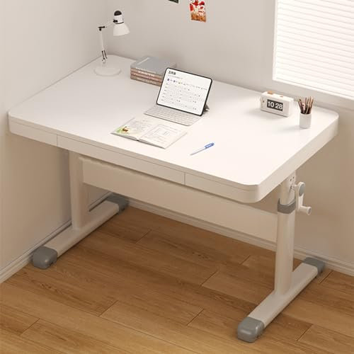 Stehpult mit Schublade, anhebbarer Studiertisch, höhenverstellbarer Sitz-Steh-Schreibtisch mit Kurbel, Computerarbeitsplatz für kleine Räume (Farbe: Weiß, Größe: L140 cm x B60 x H6
