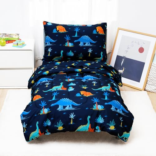 david's kids Juego de ropa de cama de 4 piezas para niños, suave, transpirable, incluye edredón acolchado, sábana encimera, sábana bajera y funda de almohada, dinosaurio azul marino