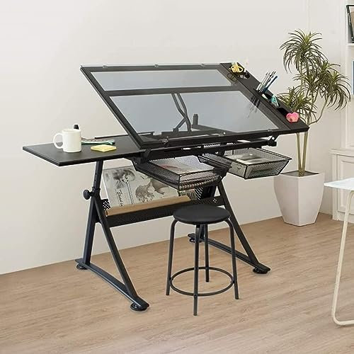 Glasplatten-Zeichentisch, Zeichentisch mit Stauraum, höhenverstellbarer Kunst-Liegetisch für Arbeit, Studium, Malerei, Basteltisch