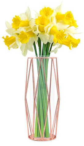 Glasgoldvase Hochbodenvase Vase Für Pampasgras, Mit Geometrischem Metallgestellständer, Knospenblumentopf Für Skandinavische Dekoration Für Schreibtischbürohochzeitsmittelstück, 27cm Hoch