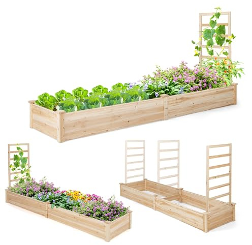 RELAX4LIFE Jardinère Surélevée avec Treillis en Bois, Bac à Fleurs avec Base Ouverte, Carré Potager Surélevé pour Patio Jardin-Culture de Vignes Fruits Légumes Fleurs Herbes (Naturel)