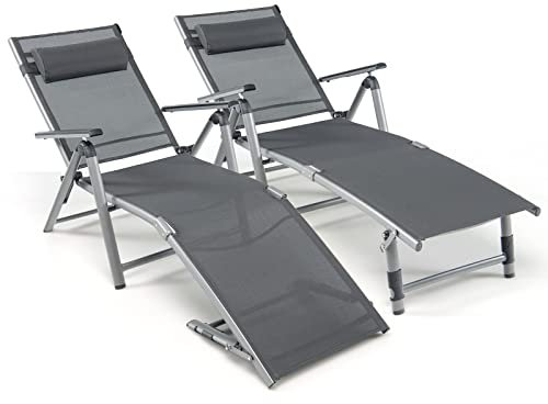GIANTEX Lot de 2 chaises longues de jardin pliantes en aluminium - Chaise longue de camping - Chaise longue de plage - Dossier et repose-pieds réglables - Avec coussin - Chaise longue d'extérieur avec