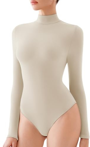 REORIA Women's Long Sleeve Bodysuits Mock Turtleneck Slim Tight Double Lined Basic Layering Body Suits Tops Fall Winter Outfits 2025(Nude Cream Large)