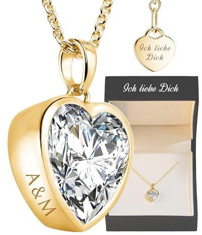 Herzkette Silber 925/Gold vergoldet Halskette Damen Ich liebe Dich Kette | Herzanhänger mit Zirkonia-Herz Schmuck Gravur Geschenke für Frauen Freundin Sie zum Geburtstag Hochzeitstag Jahrestag