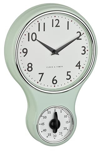 TFA Dostmann Reloj de Pared analógico Retro con Temporizador, 60.3073.20, Temporizador de Huevos hasta 60 min, Incluye Reloj de Cuarzo con Tapa de Cristal, diseño Vintage, Color Verde Menta